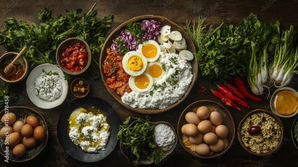 A spread of Turkish kahvaltı with honey, kaymak, boiled eggs, and fresh vegetables, elegantly arranged A spread of Turkish kahvaltı with honey, kaymak, boiled eggs, and fresh vegetables, elegantly arranged