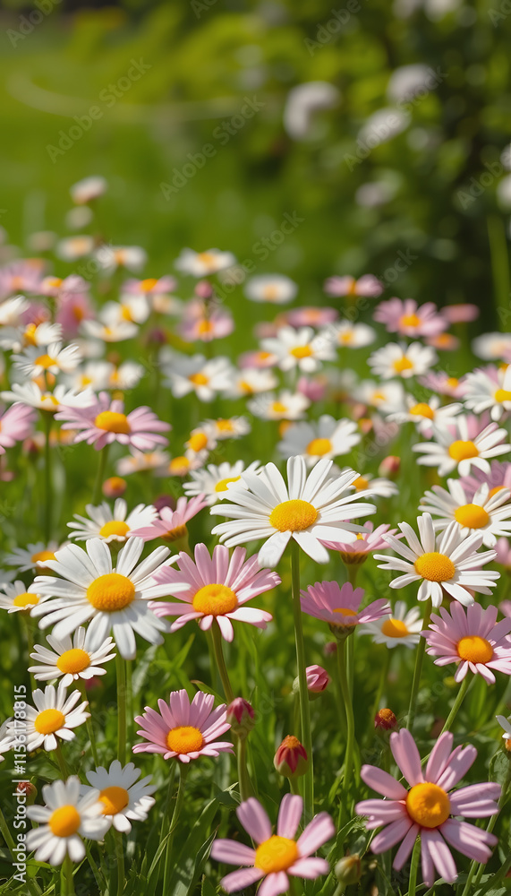 Meadow with lots of white and pink spring daisy flowers in sunny day, craft clay Meadow with lots of white and pink spring daisy flowers in sunny day, craft clay