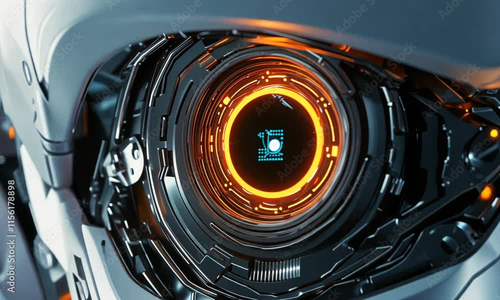 Close-up of a Futuristic Robot's Glowing Optical Sensor Close-up of a Futuristic Robot's Glowing Optical Sensor