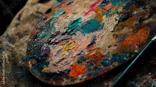 A close-up of an artist’s palette filled with vibrant paint smudges, accompanied by a paintbrush, set on a textured table, capturing the essence of creativity and artistic expression.
