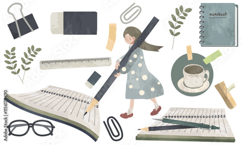 水彩で描いたかわいい文房具の素材セット