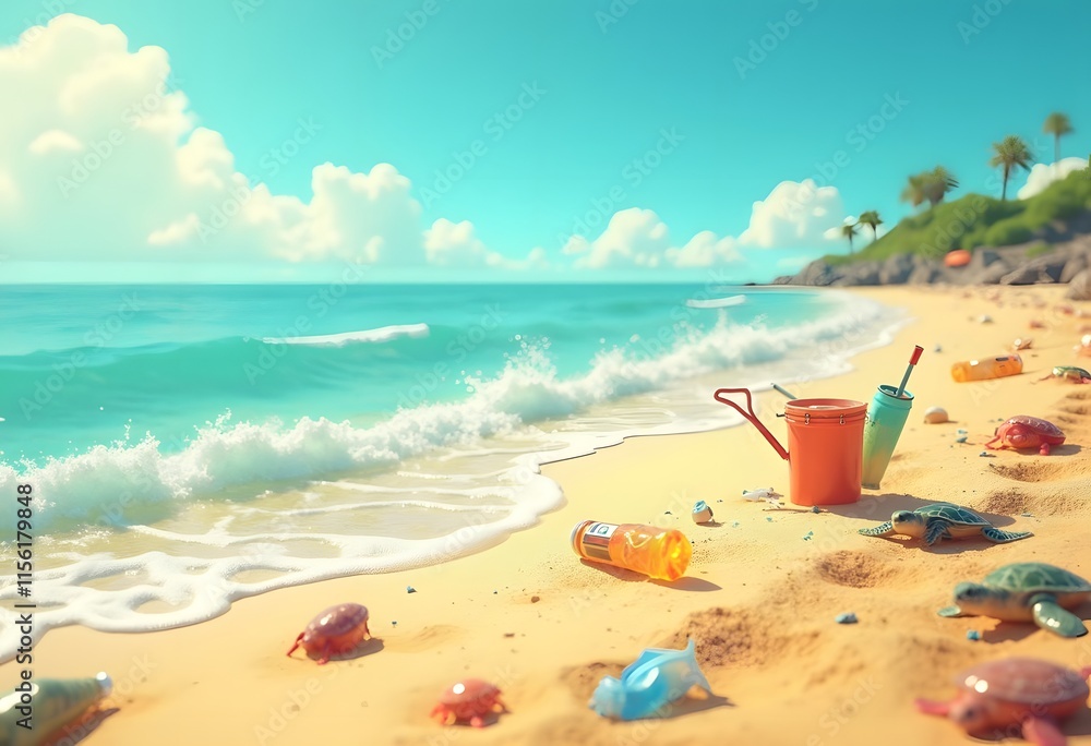 Polluted Beach Scene Turtles Plastic Waste Summer Day. A vibrant illustration depicts a tropical beach scene polluted with plastic waste. Several small turtles are present amongst discarded bottles, Polluted Beach Scene Turtles Plastic Waste Summer Day. A vibrant illustration depicts a tropical beach scene polluted with plastic waste. Several small turtles are present amongst discarded bottles,