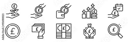 Pound currency icon collection set.Containing money,savings, banknote, payment, finance and more. Collection of isolated icons related to pound currency	