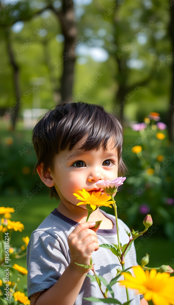 Portrait of cute kid smelling a flower in a summer day park, beauty and child smell flower in park, enjoying weekend, professional photography, with white tones
