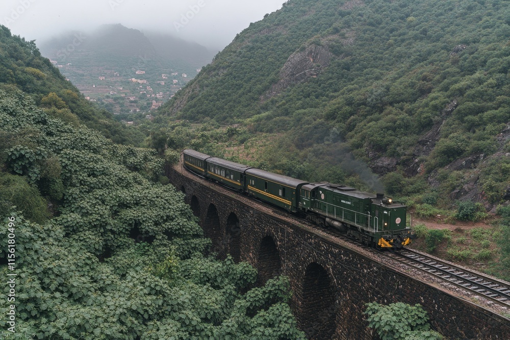 A hybrid train moving through a mountainous region, blending traditional rail systems with modern green energy technology A hybrid train moving through a mountainous region, blending traditional rail systems with modern green energy technology