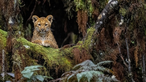 Poised Wildcat Cub in Lush Rainforest Habitat photo