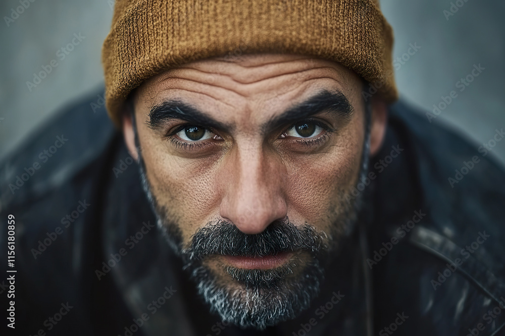 French man with a beanie and intense gaze poses against a blurred background French man with a beanie and intense gaze poses against a blurred background