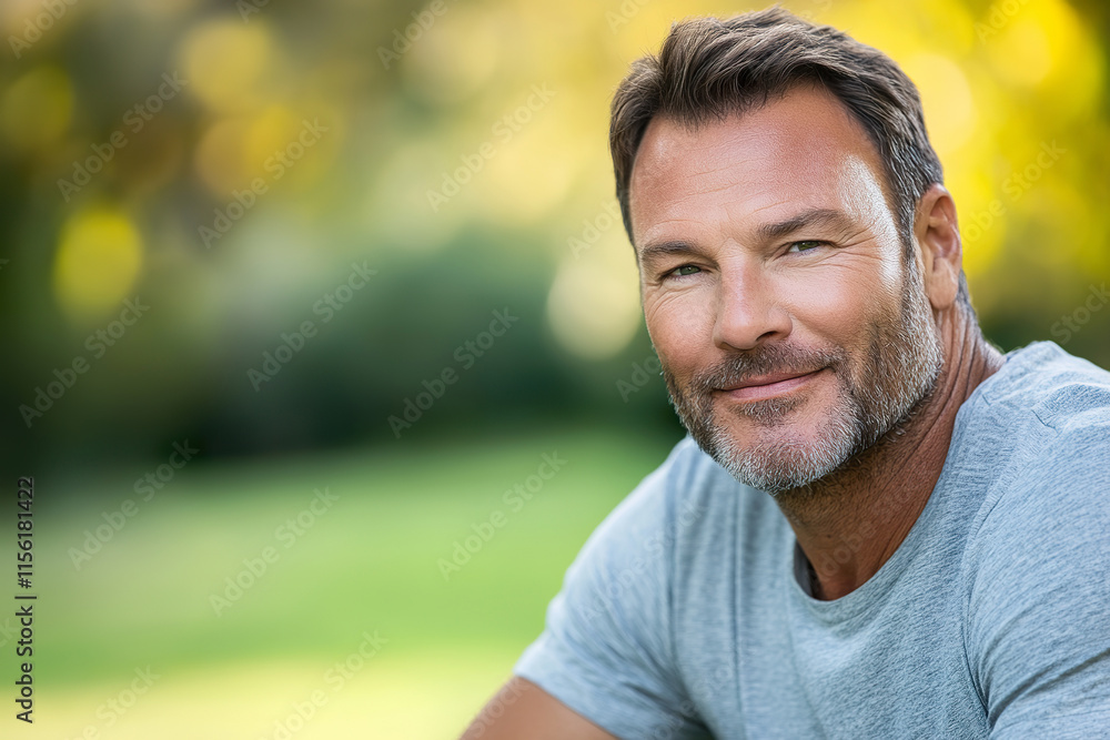 A man with a beard smiles warmly while sitting outdoors in a green park under sunlight A man with a beard smiles warmly while sitting outdoors in a green park under sunlight