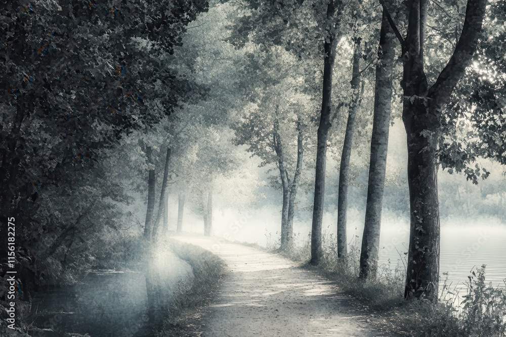 Tranquil misty pathway through a serene forest by a quiet lake, surrounded by tall trees and soft fog, creating a peaceful and dreamy atmosphere Tranquil misty pathway through a serene forest by a quiet lake, surrounded by tall trees and soft fog, creating a peaceful and dreamy atmosphere