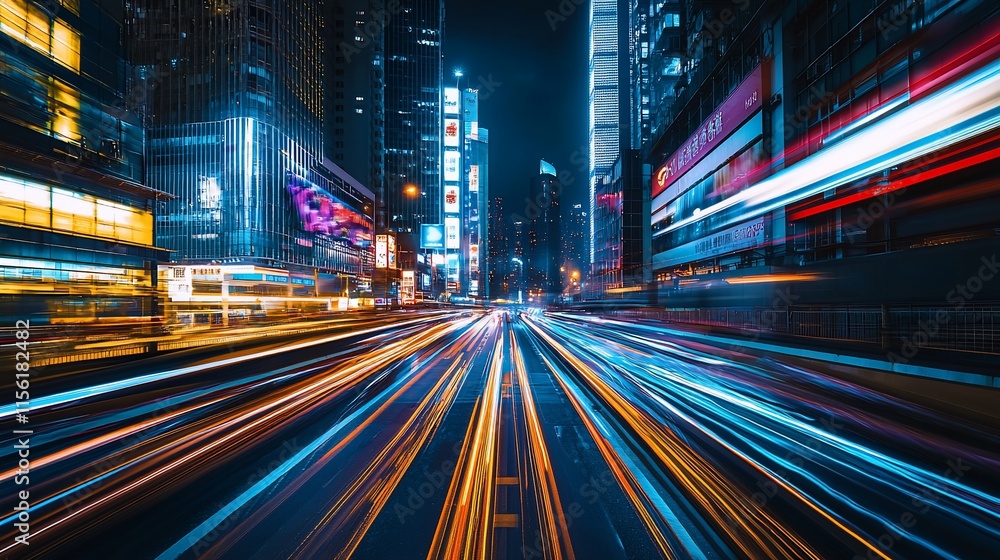 Fototapeta premium Vibrant city street at night with light trails.