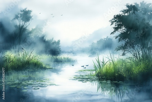 Tranquil Nature Scene with Misty River, Lush Greenery, Ducks, and Ethereal Background in a Serene Landscape Ideal for Relaxation and Reflection