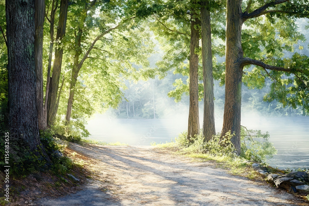 Obraz premium Tranquil Pathway Through Lush Green Trees Near Calm Water on a Misty Morning, Capturing the Beauty of Nature and Serenity in a Scenic Landscape