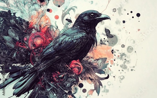 Artistic illustration of a crow amidst vibrant, abstract floral and splash elements. photo