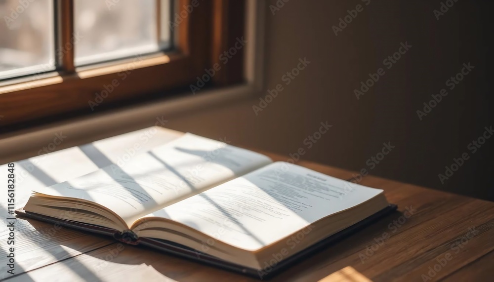 Obraz premium Open Book Sunlight Wooden Table Window Reading Education Knowledge