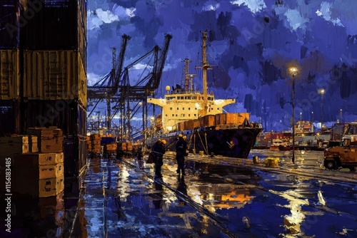Urban Night Scene at a Port Featuring Cargo Ship, Container Stacks, and Reflections on Wet Pavement Under Dramatic Cloudy Sky with Industrial Cranes