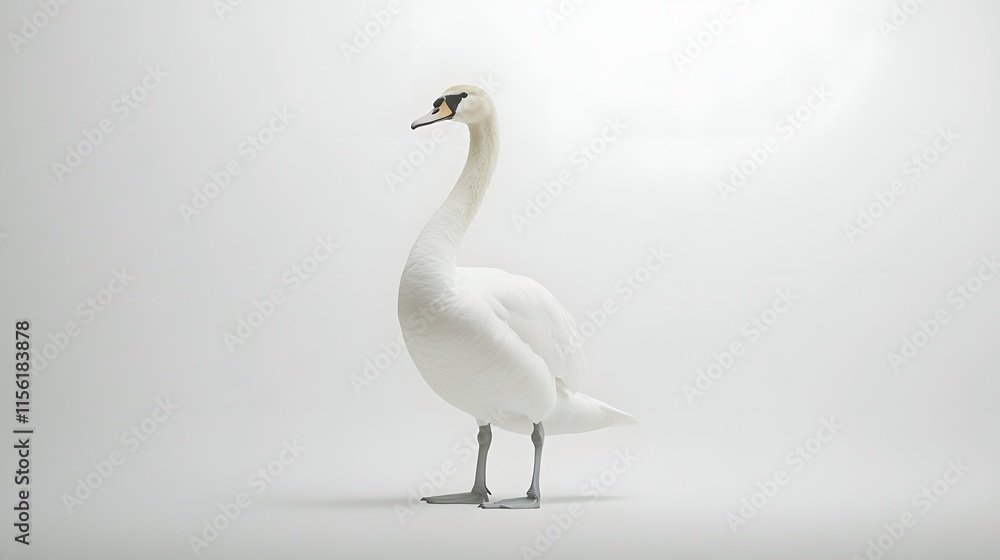 Obraz premium A single white swan stands on a white background