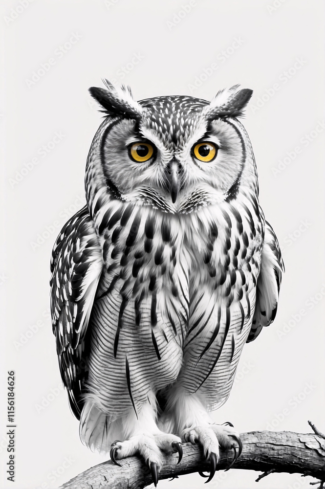 Fototapeta premium Beautiful Black and White Owl Sketch Art with Fine Detail of Feathers and Eyes