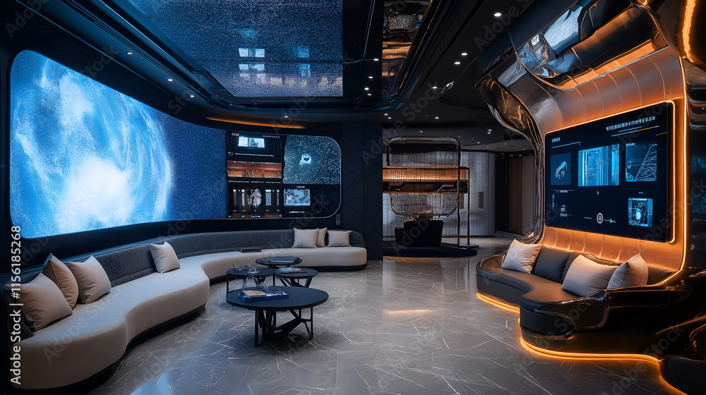 Futuristic brainstorming zone with interactive smart walls that allow participants to draw directly using hand gestures, modular furniture with glowing edges, an AI assistant displayed on the ceiling Futuristic brainstorming zone with interactive smart walls that allow participants to draw directly using hand gestures, modular furniture with glowing edges, an AI assistant displayed on the ceiling