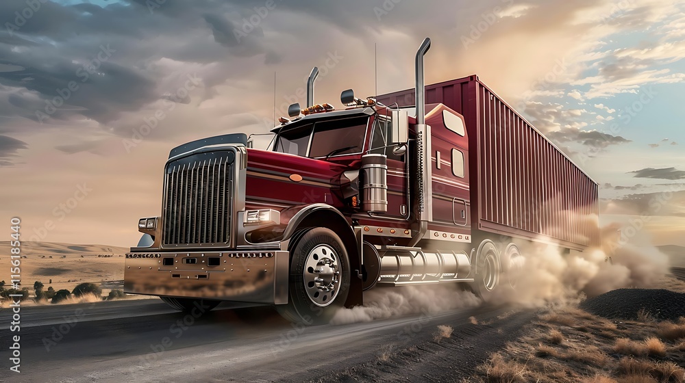 Truck with cargo on the road at sunset Truck with cargo on the road at sunset