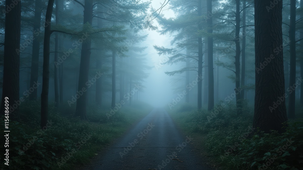 Obraz premium Mystical Forest Road: Foggy Path Through Evergreen Woods