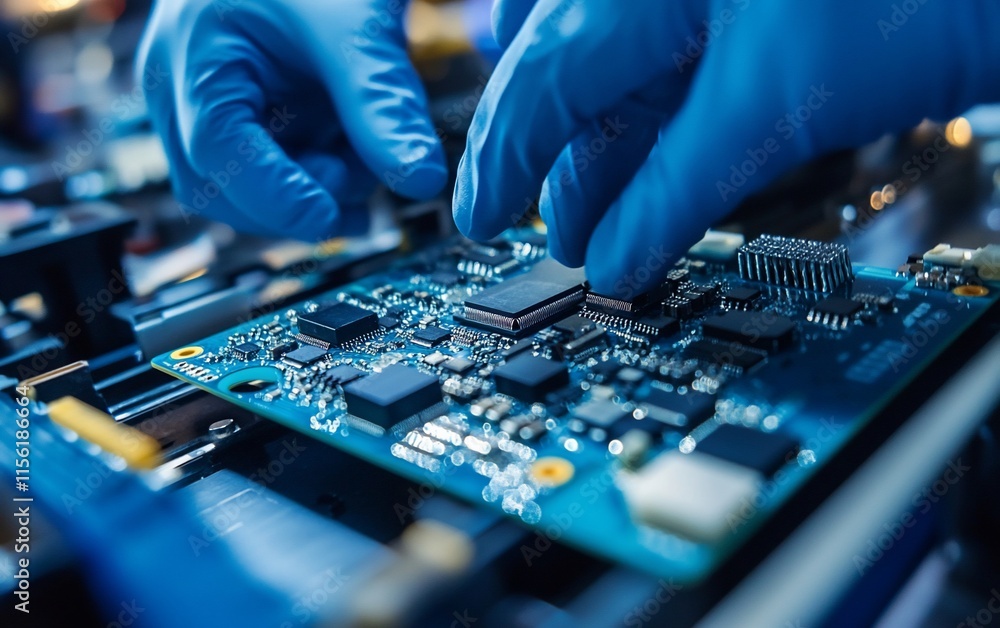 Close-up of gloved hands installing a microchip onto a circuit board. Close-up of gloved hands installing a microchip onto a circuit board.