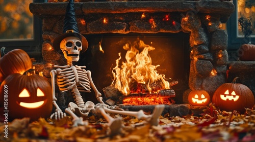 A festive Halloween arrangement featuring a whimsical skeleton dressed in a witch hat, sitting by a roaring fireplace surrounded by carved pumpkins.