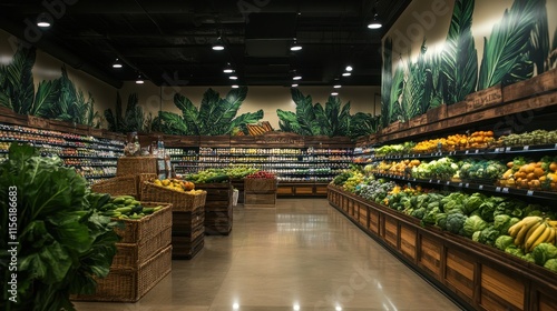 A large grocery store with a jungle mural on the wall
