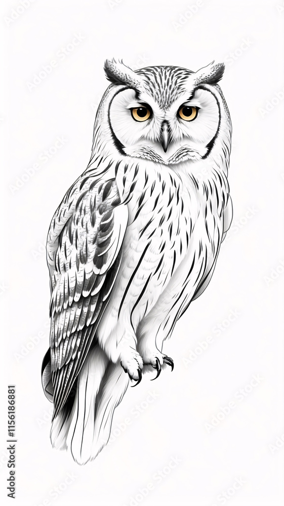 Obraz premium Majestic Owl Drawing in Black and White with Fine Pencil Detail and Stunning Feather Work