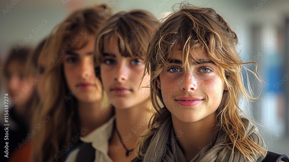Three young individuals stand together, smiling indoors. The focus is on the person in front, emanating happiness, unity, and a sense of youthful spirit.