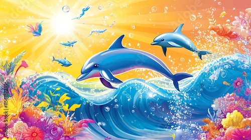 Two dolphins leap playfully over vibrant ocean waves amidst colorful coral reef and bright sunshine. photo