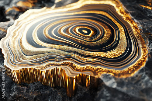 Stunning abstract gold and black geode texture with metallic accents photo