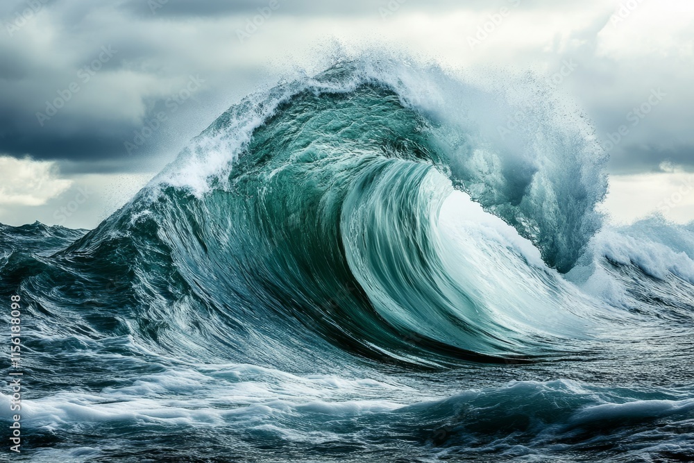 Majestic ocean wave curling, crashing, powerful, dramatic, turquoise, teal, whitewater, stormy sky.