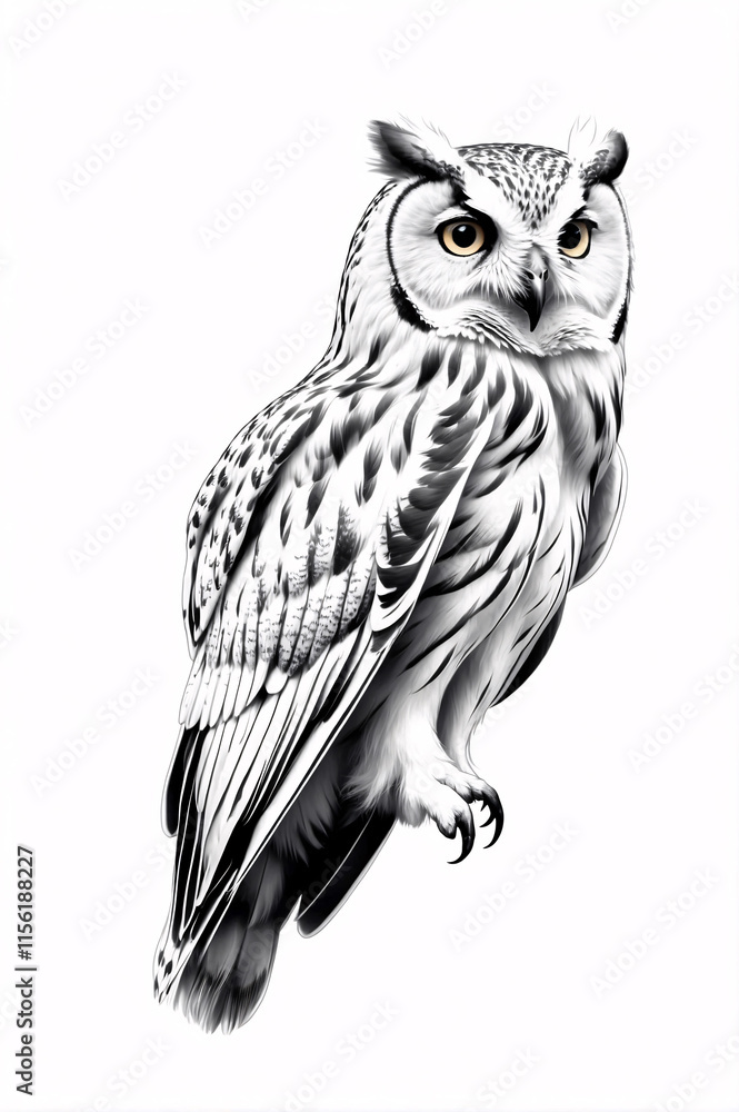 Fototapeta premium Artistic Owl Sketch in Black and White with Intricate Feathers and Majestic Eyes