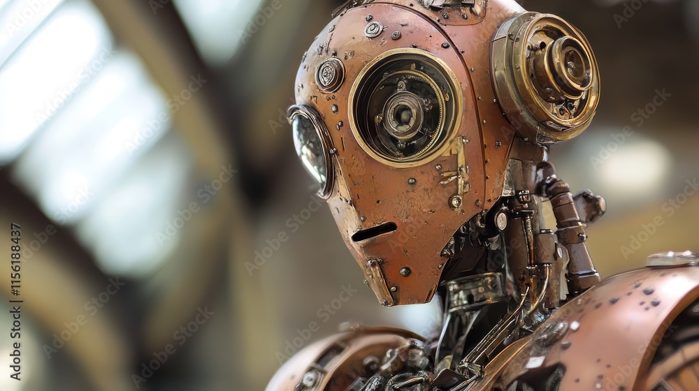 Steampunk Robot with Copper and Brass Details, Close-Up of Vintage Mechanical Design, Perfect for Sci-Fi Art, Retro Futurism, Robotics, Fantasy Themes, or Steampunk Culture Displays Steampunk Robot with Copper and Brass Details, Close-Up of Vintage Mechanical Design, Perfect for Sci-Fi Art, Retro Futurism, Robotics, Fantasy Themes, or Steampunk Culture Displays