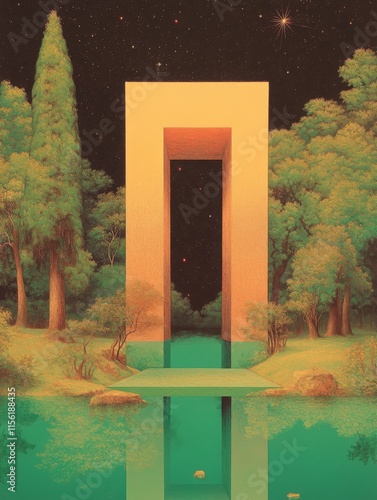 A surreal image of a large archway set amidst a dense forest landscape under a starry night sky, conveying a sense of mystery and otherworldly adventure.