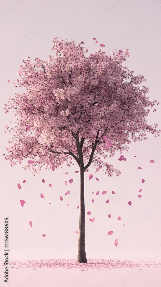 Obraz premium Elegant Cherry Blossom Tree with Falling Petals, Minimalist Spring Scene, Ideal for Nature Photography, Seasonal Art, Wedding Decor, Meditation Themes, or Tranquil Backgrounds