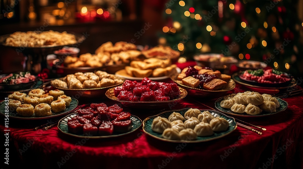 A beautifully arranged holiday feast table laden with an assortment of delightful treats and desserts, captured against a backdrop of festive, twinkling lights. A beautifully arranged holiday feast table laden with an assortment of delightful treats and desserts, captured against a backdrop of festive, twinkling lights.