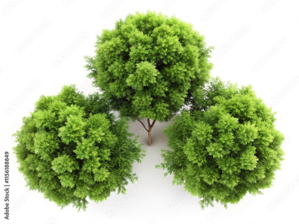 Obraz premium 3D Green Trees Top View, Architectural Design, Garden Decoration, Isolated White Background, High-Resolution Images