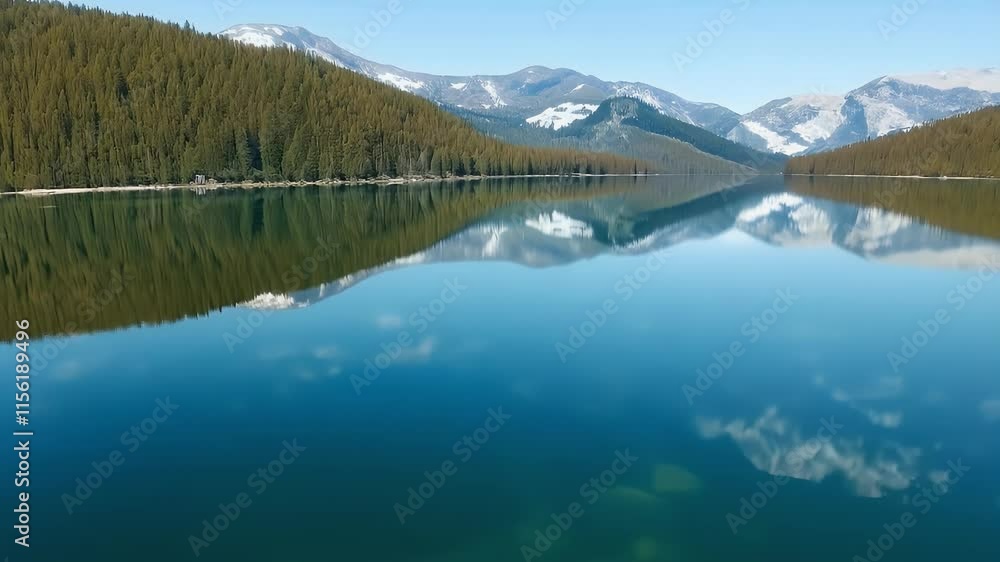 Serene landscape view of a reflective lake surrounded by lush pine forests and snow-capped mountains. Serene landscape view of a reflective lake surrounded by lush pine forests and snow-capped mountains.