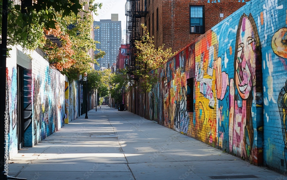 Fototapeta premium Colorful graffiti art adorns a narrow city alleyway on a sunny day.