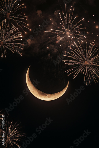 A soft image of a crescent moon surrounded by gentle fireworks, signaling the joy and celebration of Eid after Ramadan photo