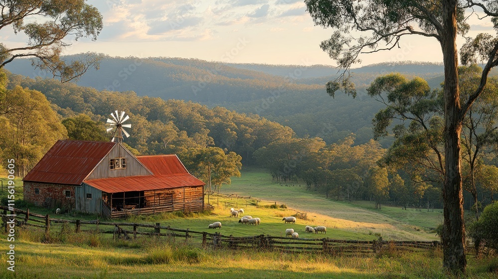 A serene rural landscape featuring a barn, windmill, and grazing sheep in a lush setting. A serene rural landscape featuring a barn, windmill, and grazing sheep in a lush setting.