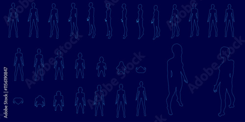 Series of blue images of people in various poses. The images are pixelated and appear to be from a video game or animation. The mood of the images is somewhat abstract and surreal