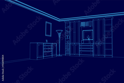 Blue contour room. The room is empty and has a modern feel