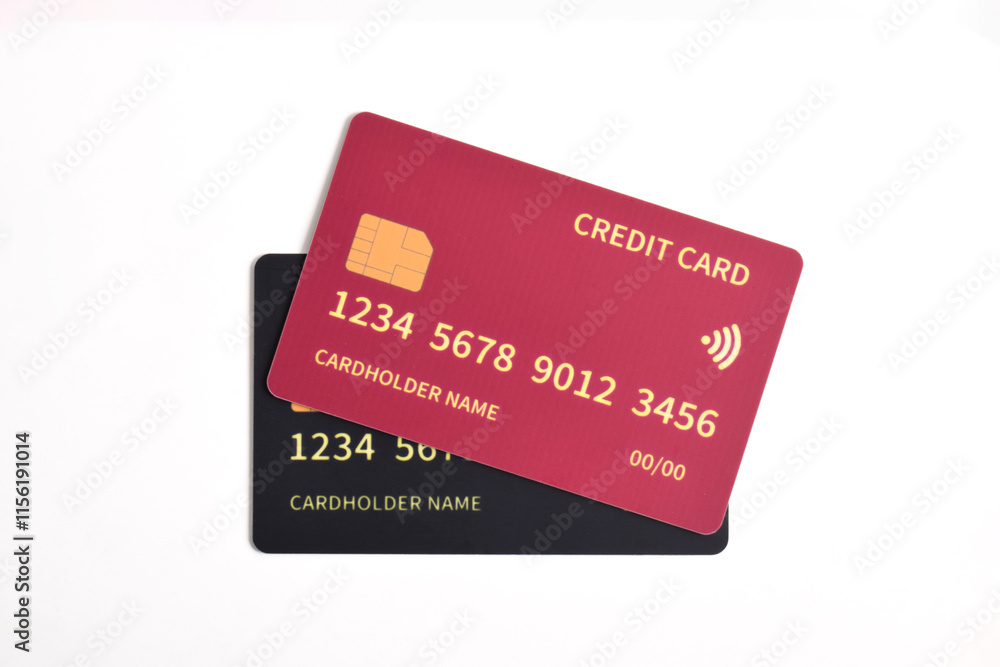Two credit cards isolated on white background. Red and Black credit cards Two credit cards isolated on white background. Red and Black credit cards