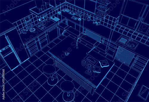 Blue kitchen with a counter and a sink. The kitchen is shown in a 3D format