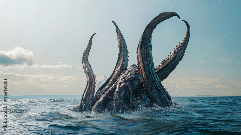 Fototapeta premium A colossal kraken rises from the ocean, its massive tentacles reaching skyward, creating a dramatic scene against a stormy backdrop, evoking fear and awe in those who witness it.