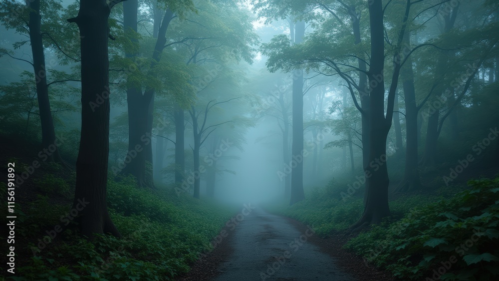 Fototapeta premium Mystical Forest Path: Foggy Road Through Enchanted Woods