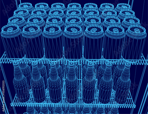 Blue image of a refrigerator with many cans of soda. The image is in a stylized, pixelated format
