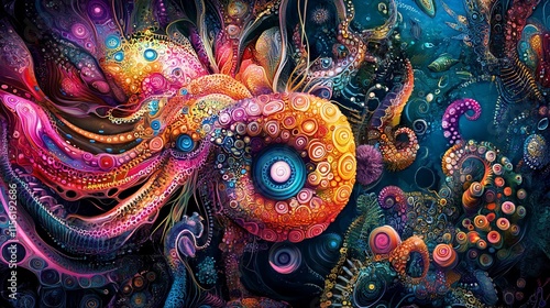 Psychedelic octopus in vibrant colors, swirling patterns, and intricate details. photo